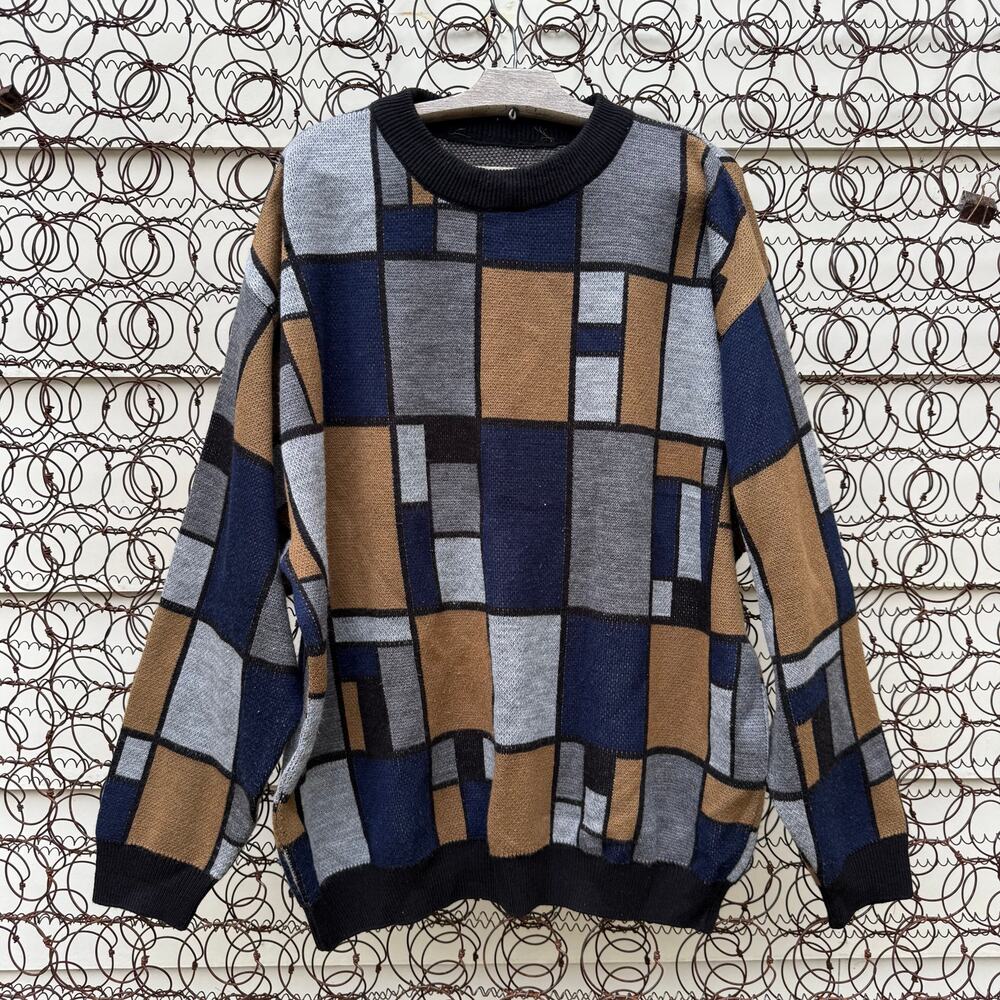 Vintage 90s grandpacore dark neutral colorblock windowpane sweater XL?